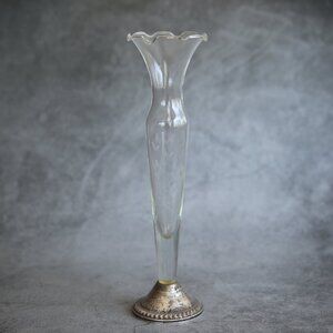 Duchin Sterling Silver and Glass Etched Ruffle Edge Vase